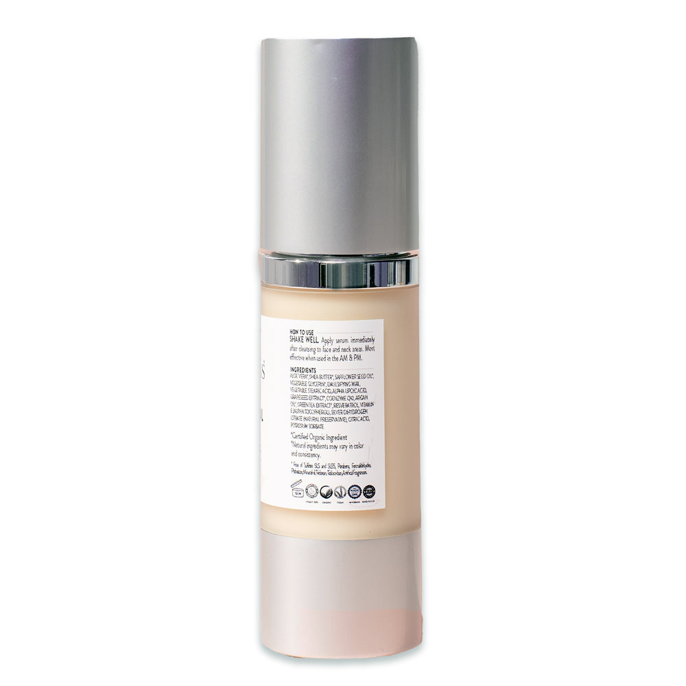 A silver cylindrical bottle of Organic Resveratrol Instant Firming Serum - Visibly Smooths Fine Lines, infused with anti-aging ingredients, with labels displaying product information.