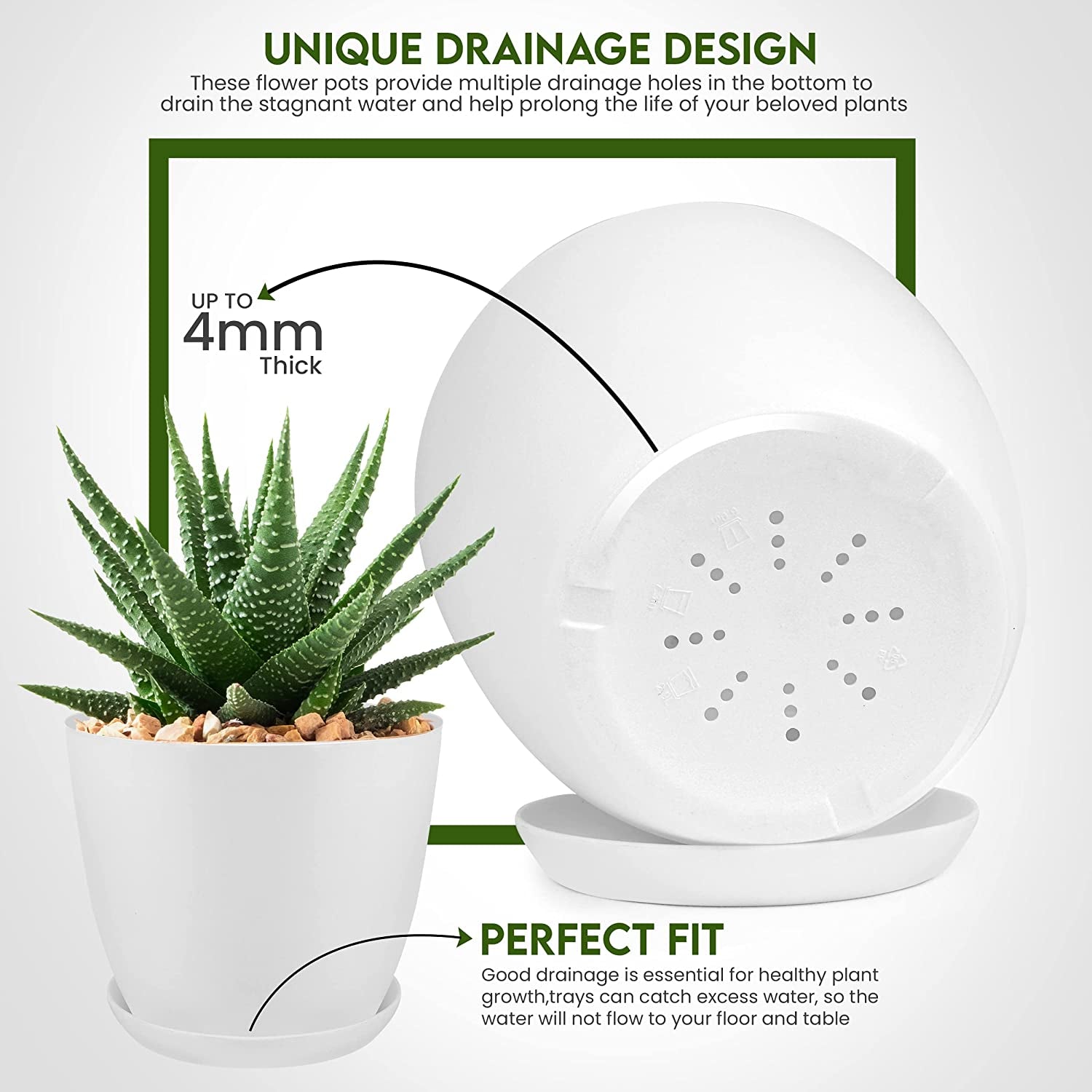 - Plant Pots Indoor with Drainage - 7/6.6/6/5.3/4.8 Inches Home Decor Flower Pots for Indoor Planter - Pack of 5 Plastic Planters for Indoor Plants, Cactus, Succulents Pot - White
