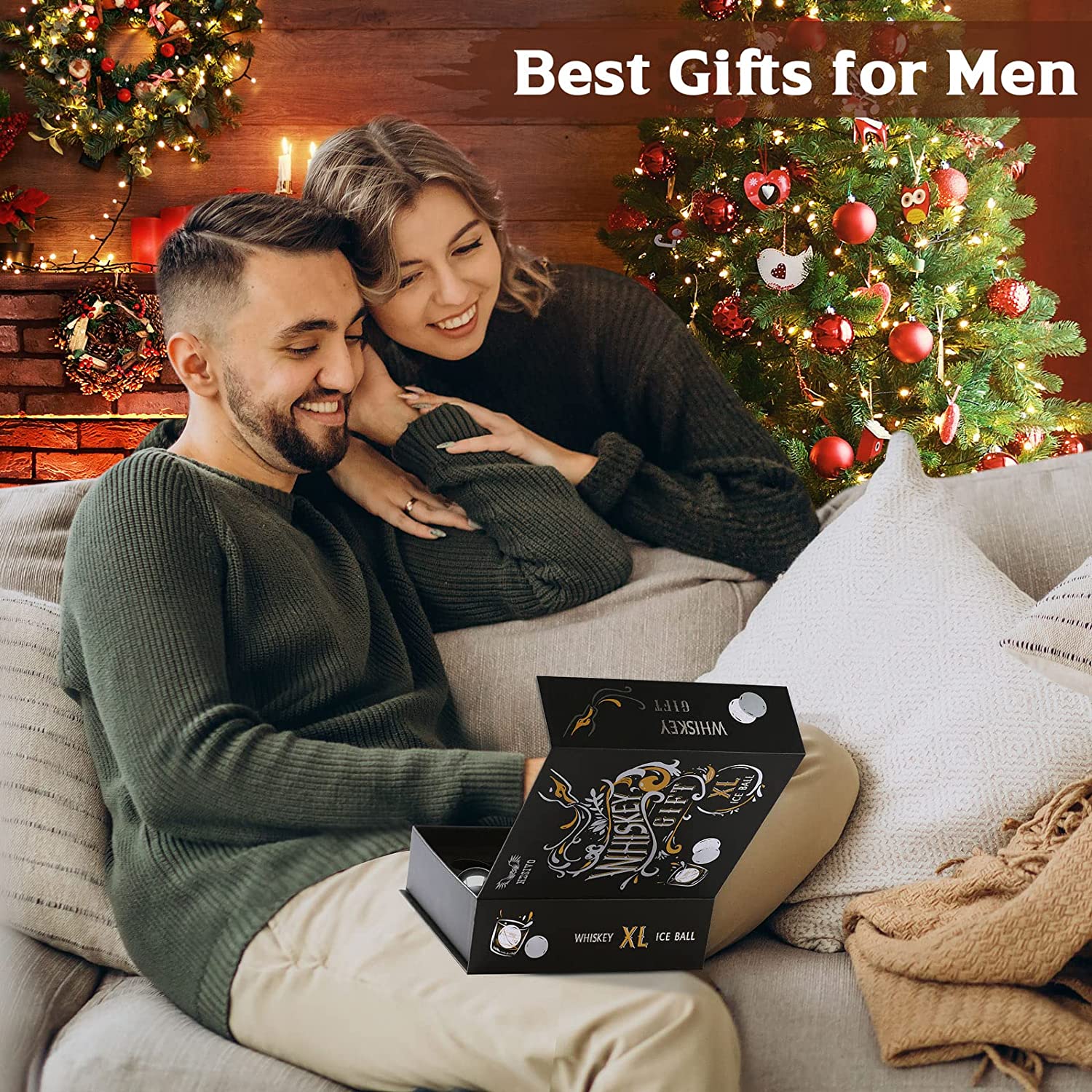 A Gifts for Men Dad Him Husband Valentines Day, Whiskey Stones, Unique Birthday Anniversary Bourbon Gift for Boyfriend Men Who Have Everything Grandpa Cool Stuff Gadgets gift set with two glasses and a whisky ball.