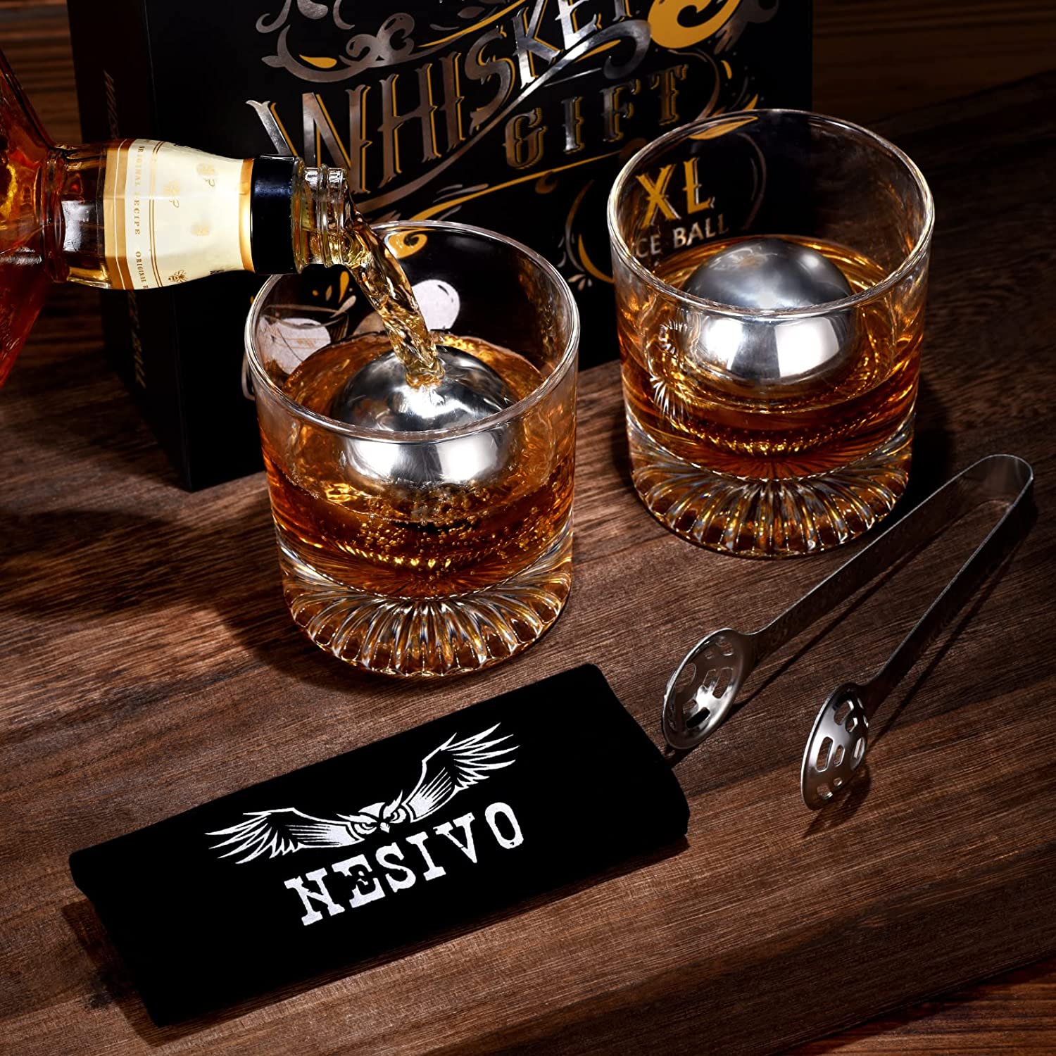 A Gifts for Men Dad Him Husband Valentines Day, Whiskey Stones, Unique Birthday Anniversary Bourbon Gift for Boyfriend Men Who Have Everything Grandpa Cool Stuff Gadgets gift set with two glasses and a whisky ball.