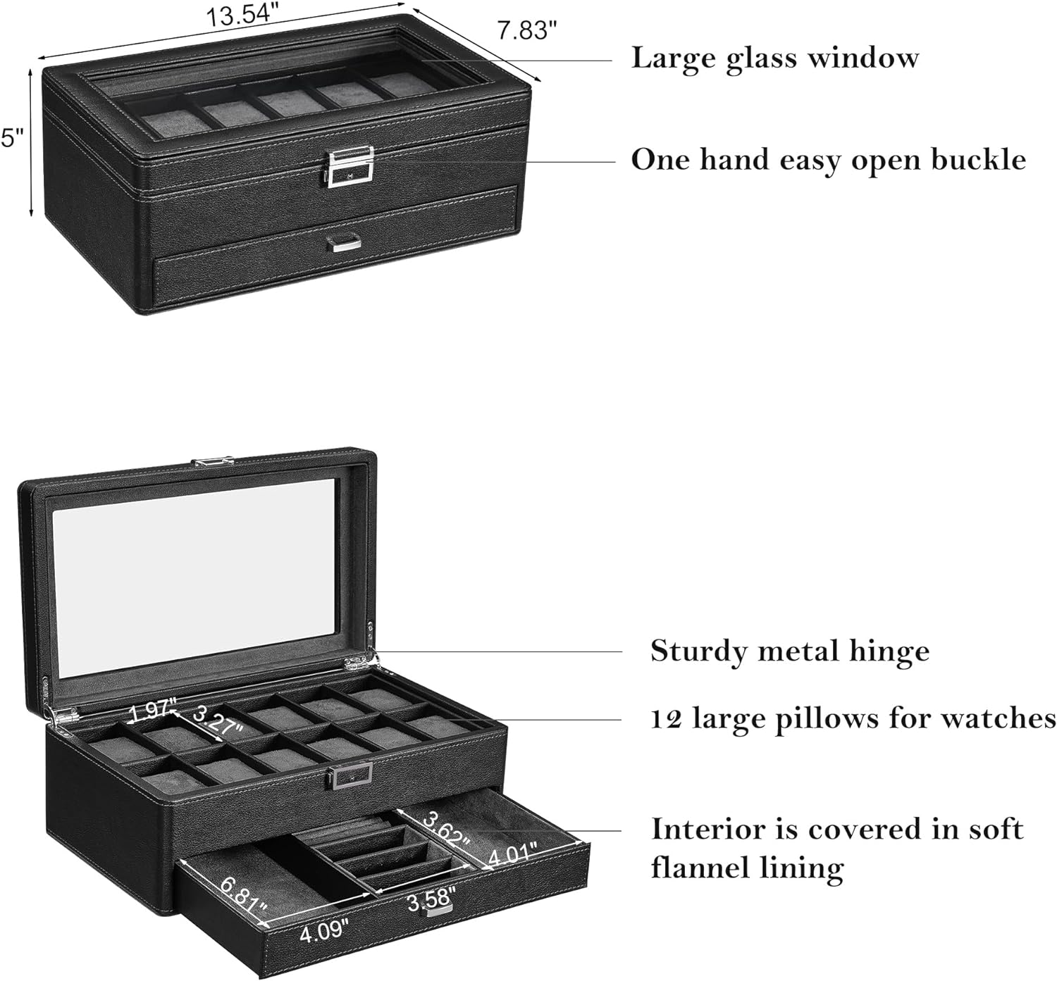 A BEWISHOME 12 Watch Box with Valet Drawer, Luxury Watch Case Jewelry Organizer, Leather Watch Organizer for Men Women, Real Glass Top, Metal Hinge, Black SSH02L with several watches in it.