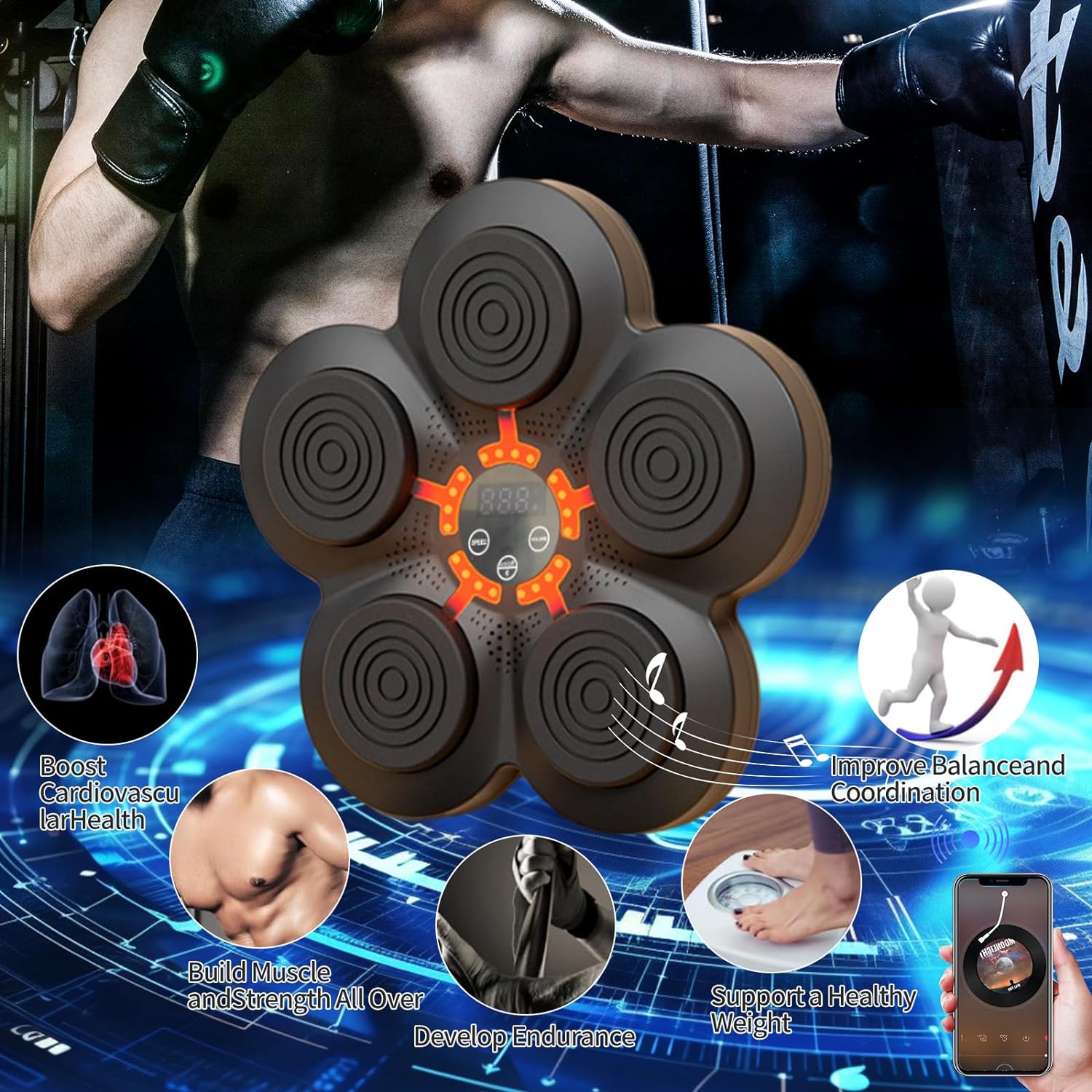 Sentence with product name: A man is holding an iToolhorse Music Boxing Machine and music notes.