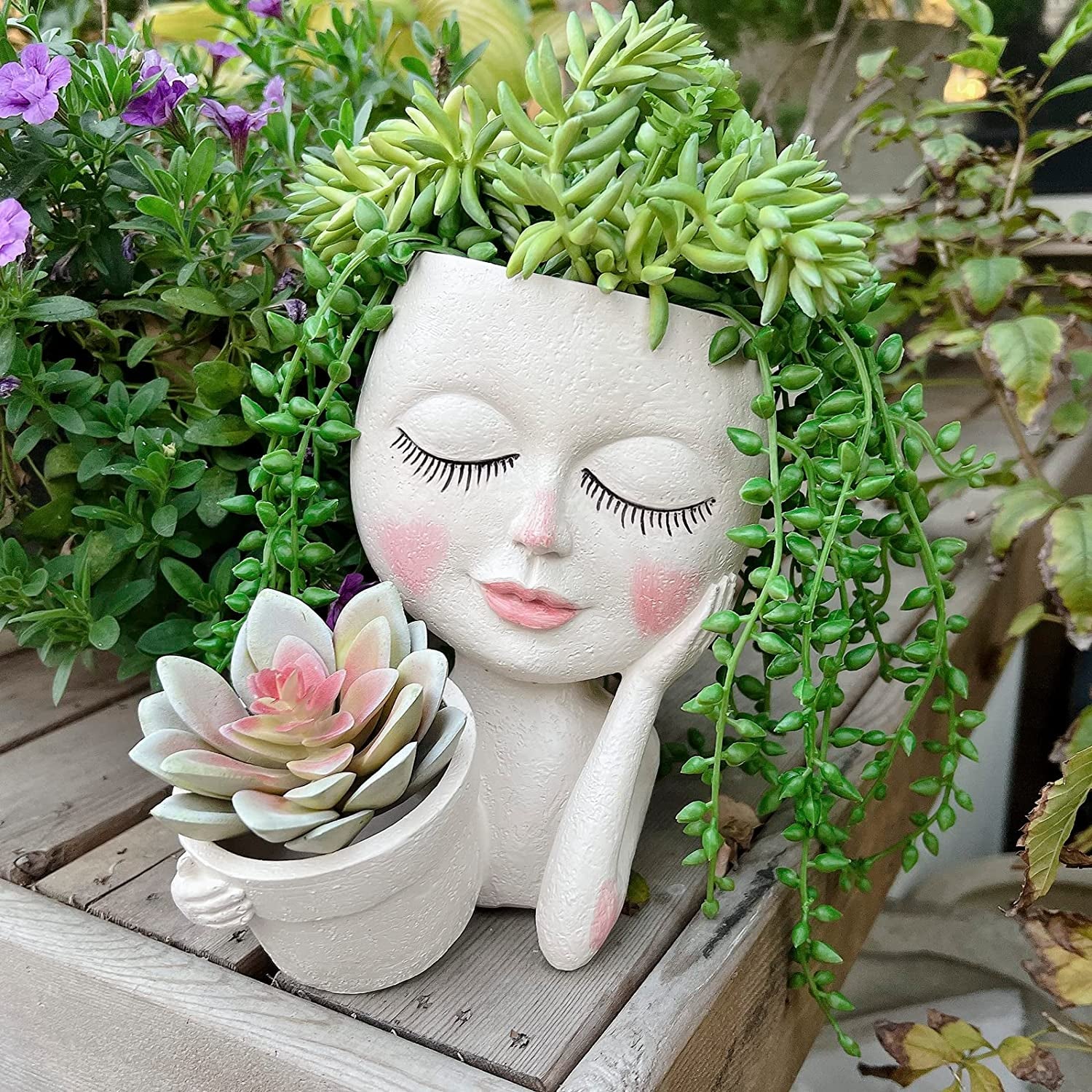 Face Plant Pot - Double Flower Pots for Indoor Outdoor Plants Resin Head Planter with Drainage Hole Cute Lady Face Plant Pots, Garden Decoration Planters, Medium