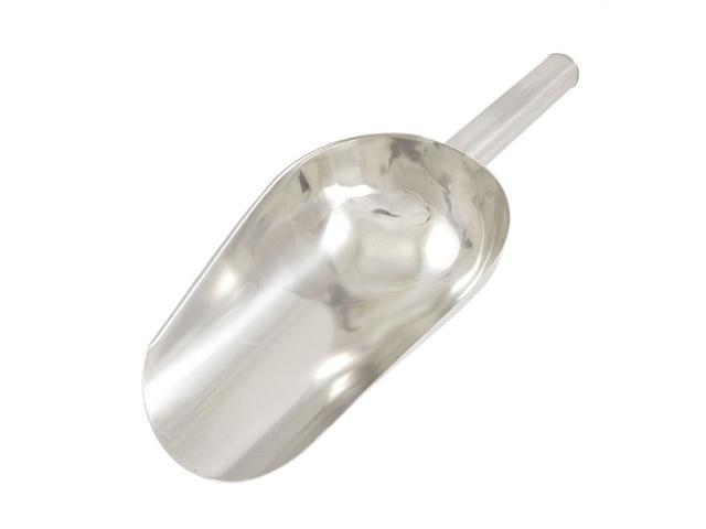 A Unique Bargains 10" Length Round Handle Stainless Steel Flour Shovel Ice Scoop with a handle on a white background.