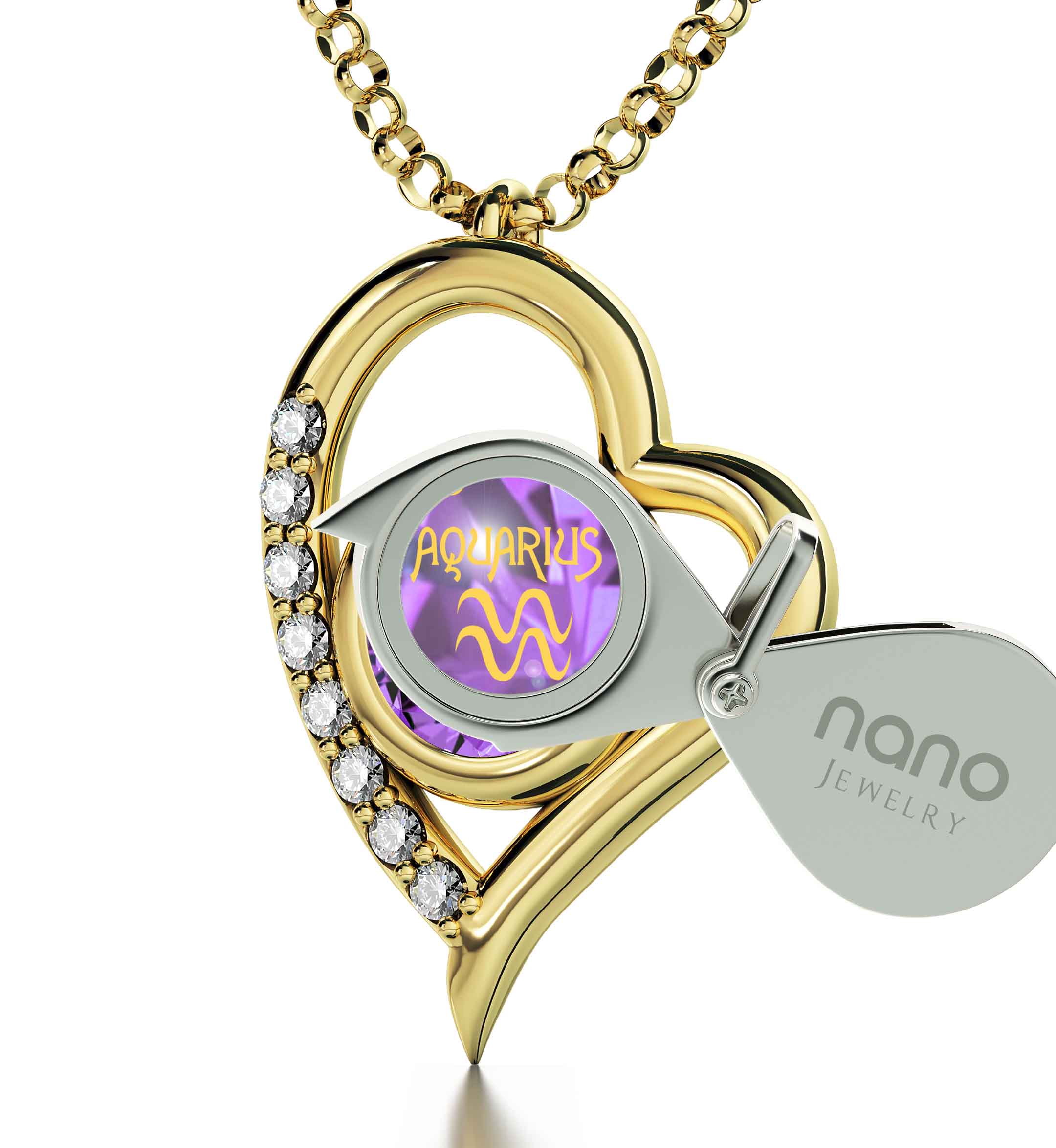 A decorative Gold Plated Silver Zodiac Heart Pendant Aquarius Necklace with a golden depiction of the water bearer, centered on a purple, Swarovski crystal background, encased in a gold frame.