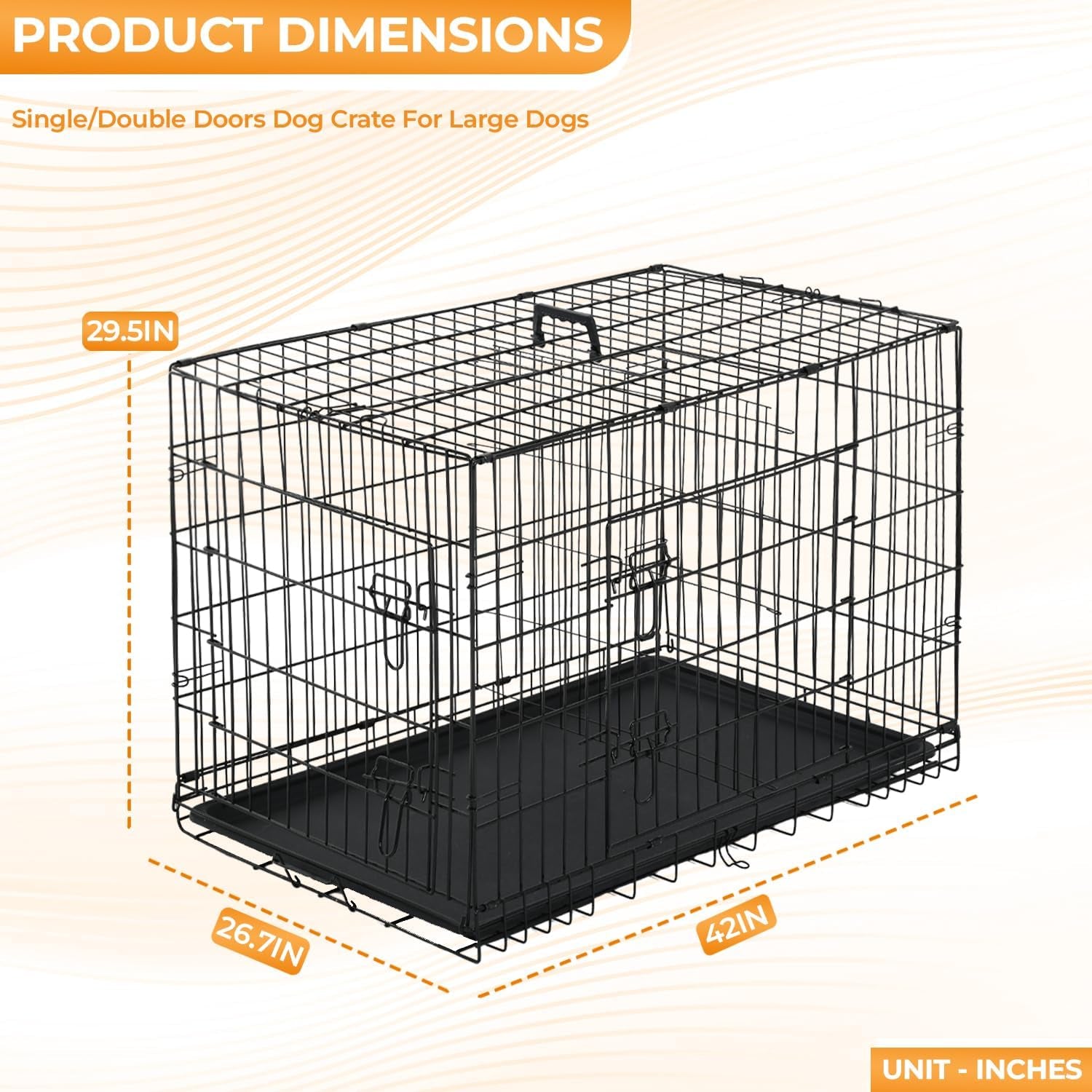 Large Dog Crate Kennel for Medium Large Dogs Metal Dog Cage Double-Door Folding Travel Indoor Outdoor Puppy Playpen with Divider and Handle Plastic Tray (42 Inch, Black)