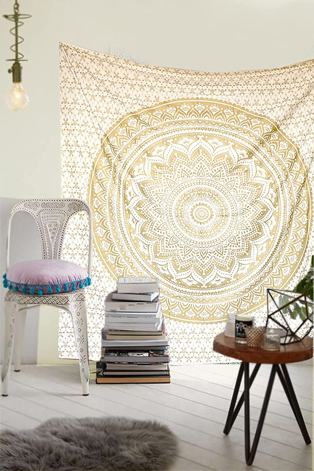 Top Selling Original Gold Mandala Ombre Tapestry Wall Hanging, Boho Bohemian Hippie Tapestries/Indian Cotton Dorm Decor Golden Twin Bedspread/Meditation Yoga Mat Rug 52X60 Inches