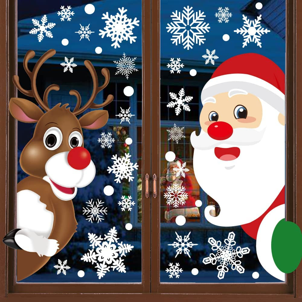 310Pcs Christmas Window Clings Christmas Window Decorations Xmas Window Flakes Christmas Decals for Home Deer Santa Claus and Snowflakes