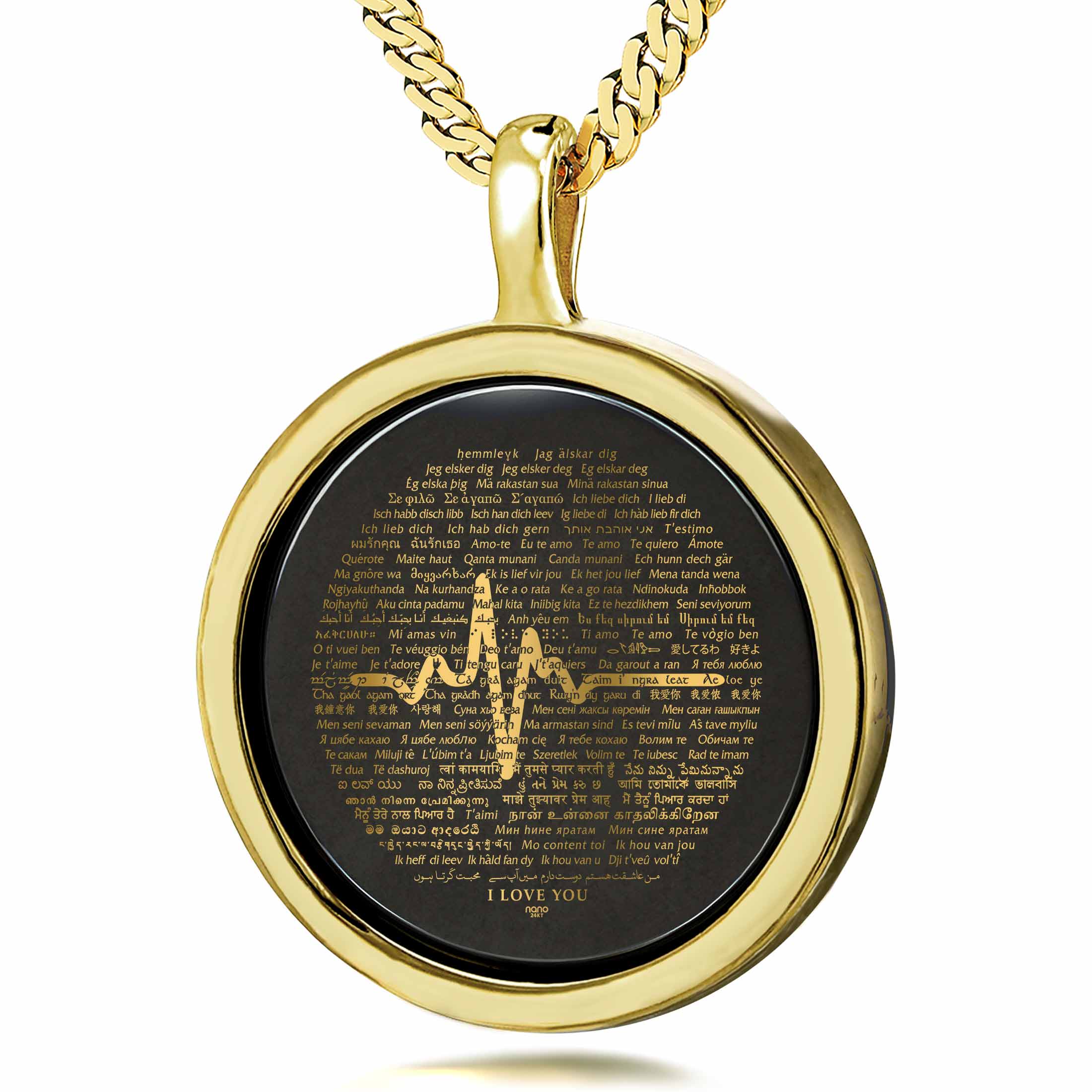 An ornate His Heartbeat of Love Necklace Over 100 Languages I Love You Pendant with golden text in various languages and scripts expressing "I Love You" on a textured background, making it a romantic gift.
