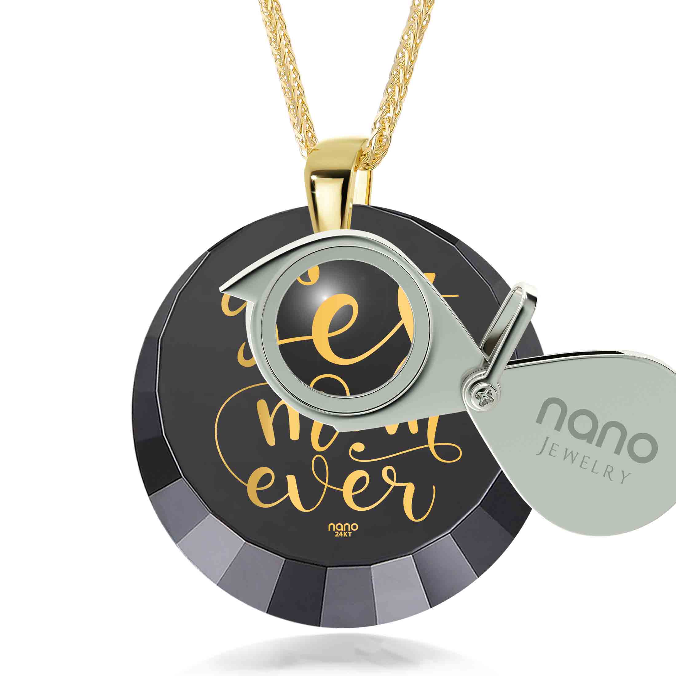 Sterling silver and gold pendant necklace with inscribed black disk reading "Best Mom Gold Plated Silver Necklace 24k Gold Inscribed - Mother's Birthday Gift" and a small gray tag marked "nano".