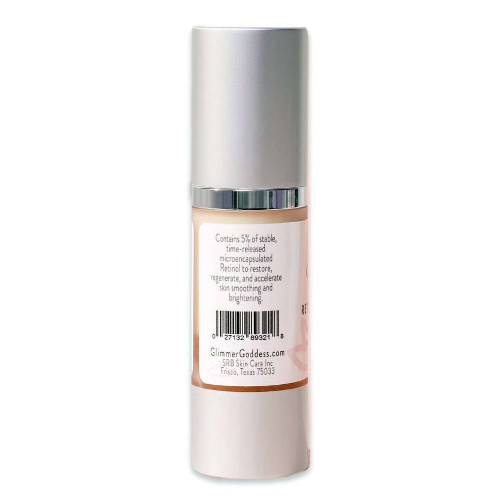 Bottle of Organic Retinol Serum 5% - Skin Brightener, suitable for sensitive skin, with hyaluronic acid and skin brightening peptides, isolated on a white background.