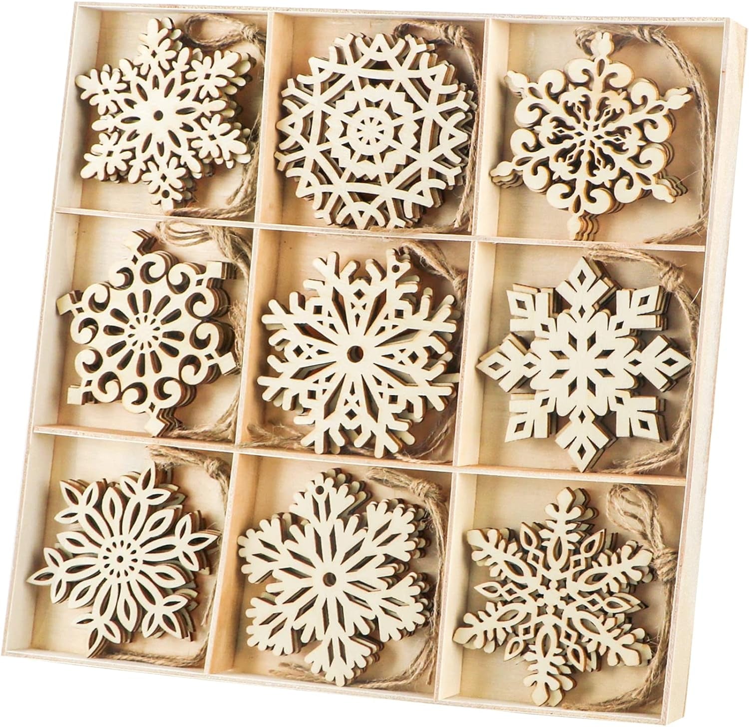 36Pcs Wooden Snowflakes Ornaments, Wood Hanging Cutout Embellishment for Rustic Christmas Tree Decoration DIY Crafts Gift Tags, 3.5Inch