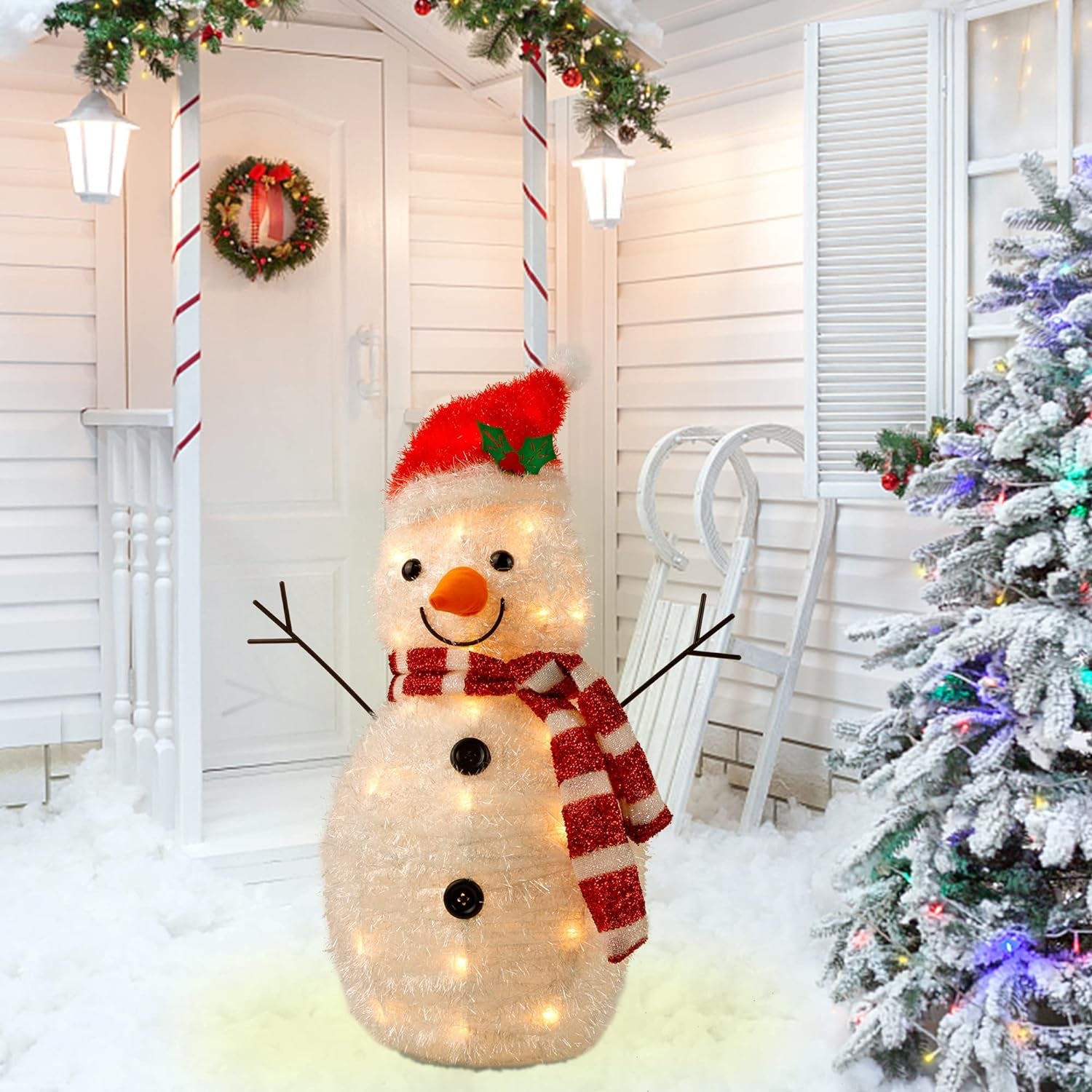 22 Inch Lighted Christmas Tinsel Snowman Decorations, Pre-Lit Light up with 25 Count Clear Incandescent Lights, Indoor or Outdoor Garden Yard Lawn Festive Holiday Decoration