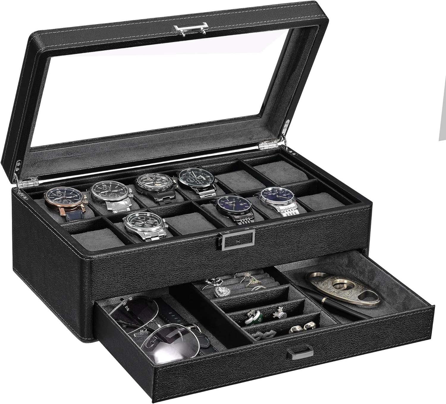 A BEWISHOME 12 Watch Box with Valet Drawer, Luxury Watch Case Jewelry Organizer, Leather Watch Organizer for Men Women, Real Glass Top, Metal Hinge, Black SSH02L with several watches in it.