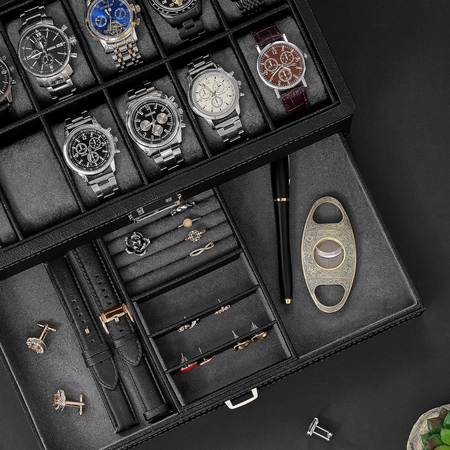 A BEWISHOME 12 Watch Box with Valet Drawer, Luxury Watch Case Jewelry Organizer, Leather Watch Organizer for Men Women, Real Glass Top, Metal Hinge, Black SSH02L with several watches in it.