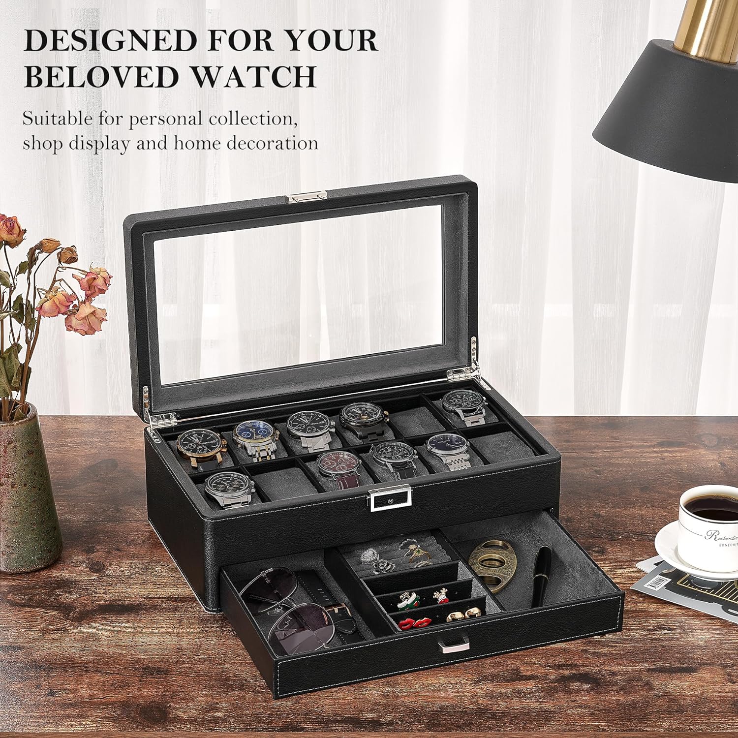 A BEWISHOME 12 Watch Box with Valet Drawer, Luxury Watch Case Jewelry Organizer, Leather Watch Organizer for Men Women, Real Glass Top, Metal Hinge, Black SSH02L with several watches in it.