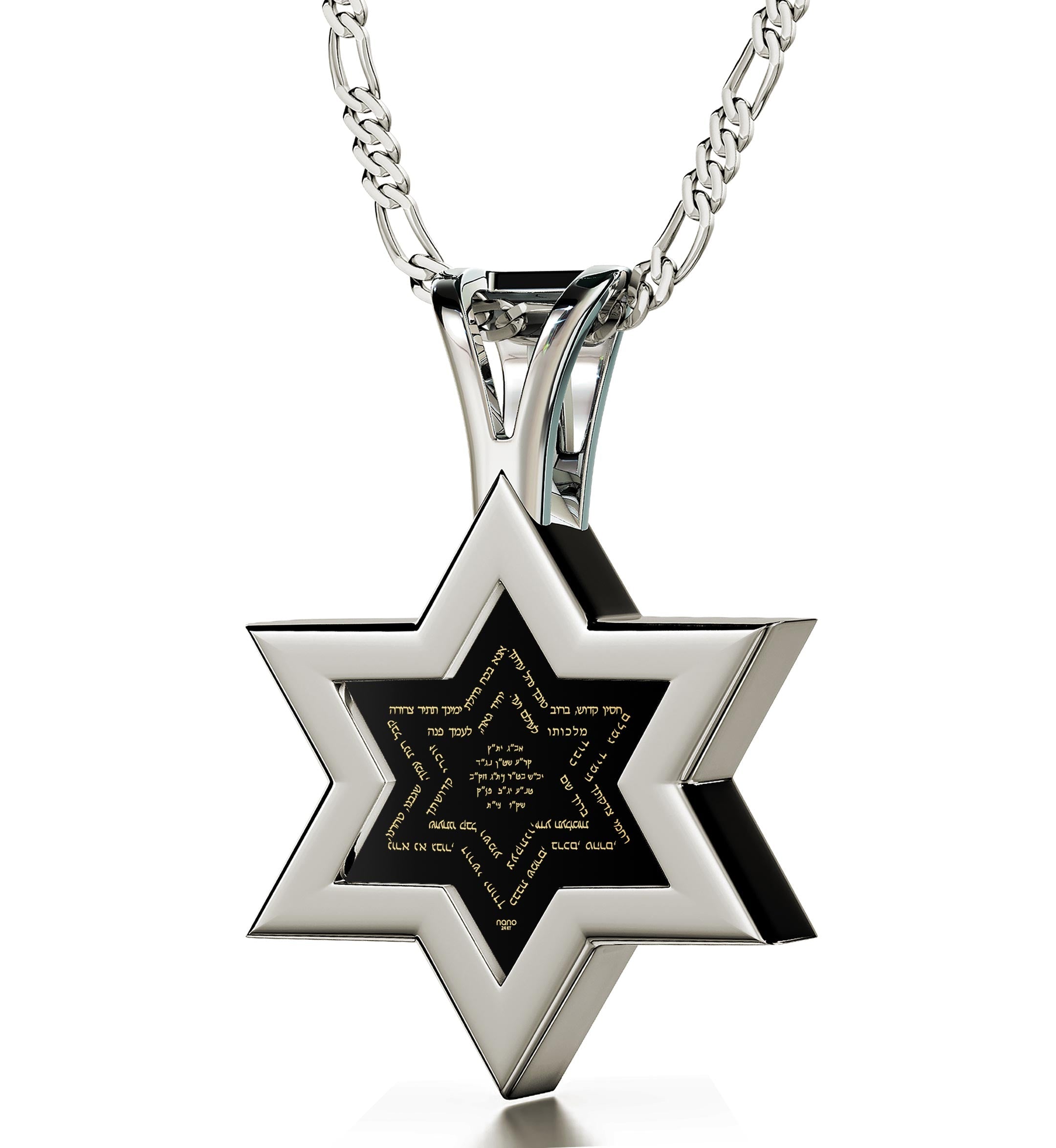 An artistic rendering of a Men's Star of David Necklace Ana Bekoach Kabbalah Pendant with the Ana Bekoach prayer inscribed within its center, enclosed by overlapping white stars on a black background.