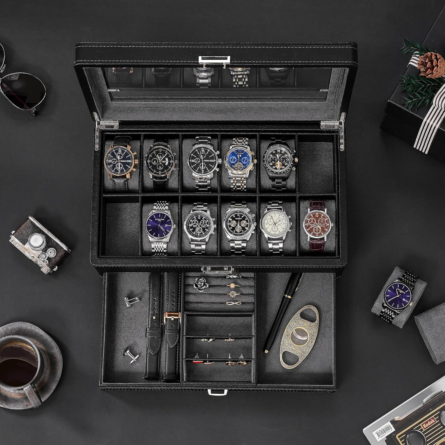A BEWISHOME 12 Watch Box with Valet Drawer, Luxury Watch Case Jewelry Organizer, Leather Watch Organizer for Men Women, Real Glass Top, Metal Hinge, Black SSH02L with several watches in it.