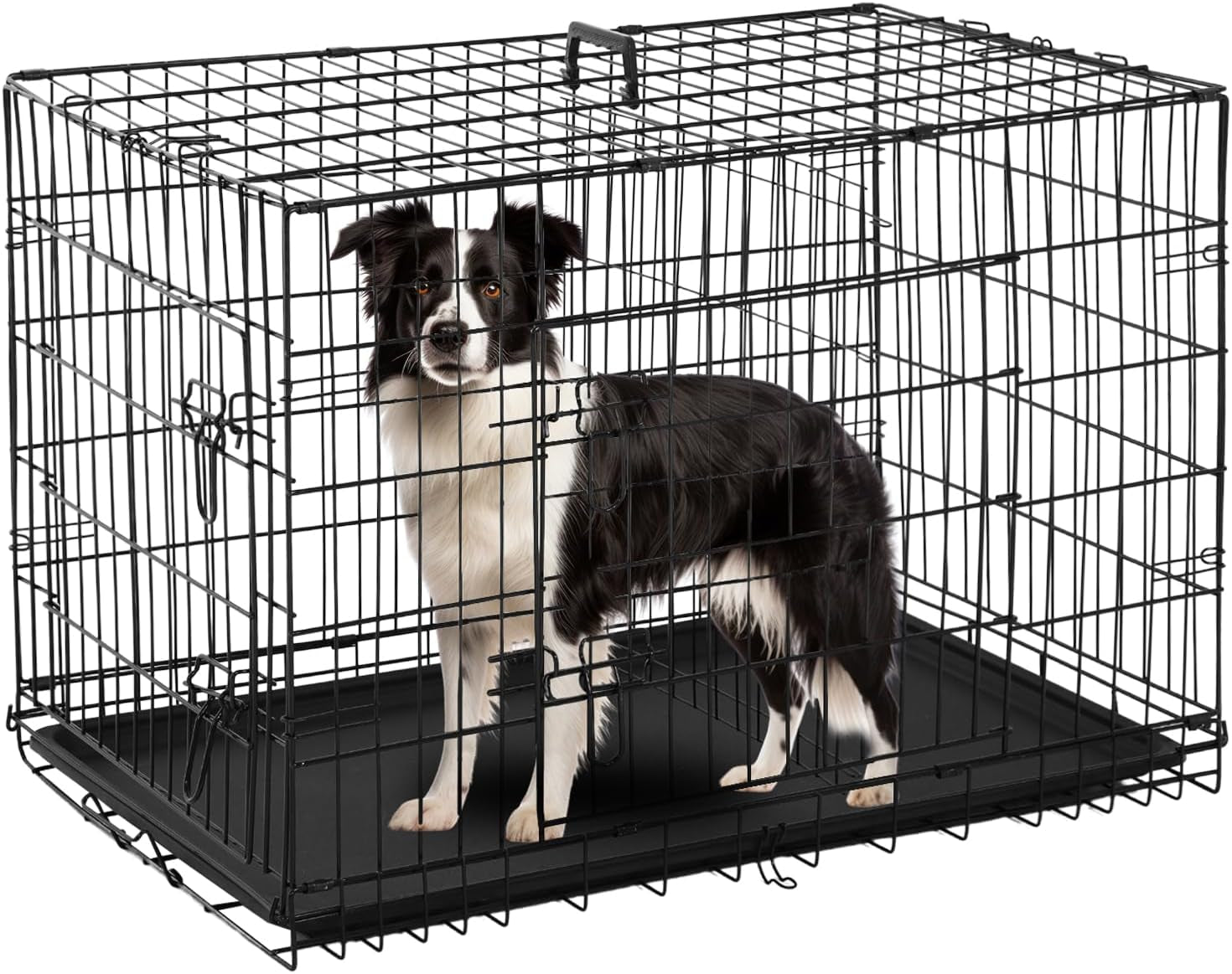 Large Dog Crate Kennel for Medium Large Dogs Metal Dog Cage Double-Door Folding Travel Indoor Outdoor Puppy Playpen with Divider and Handle Plastic Tray (42 Inch, Black)