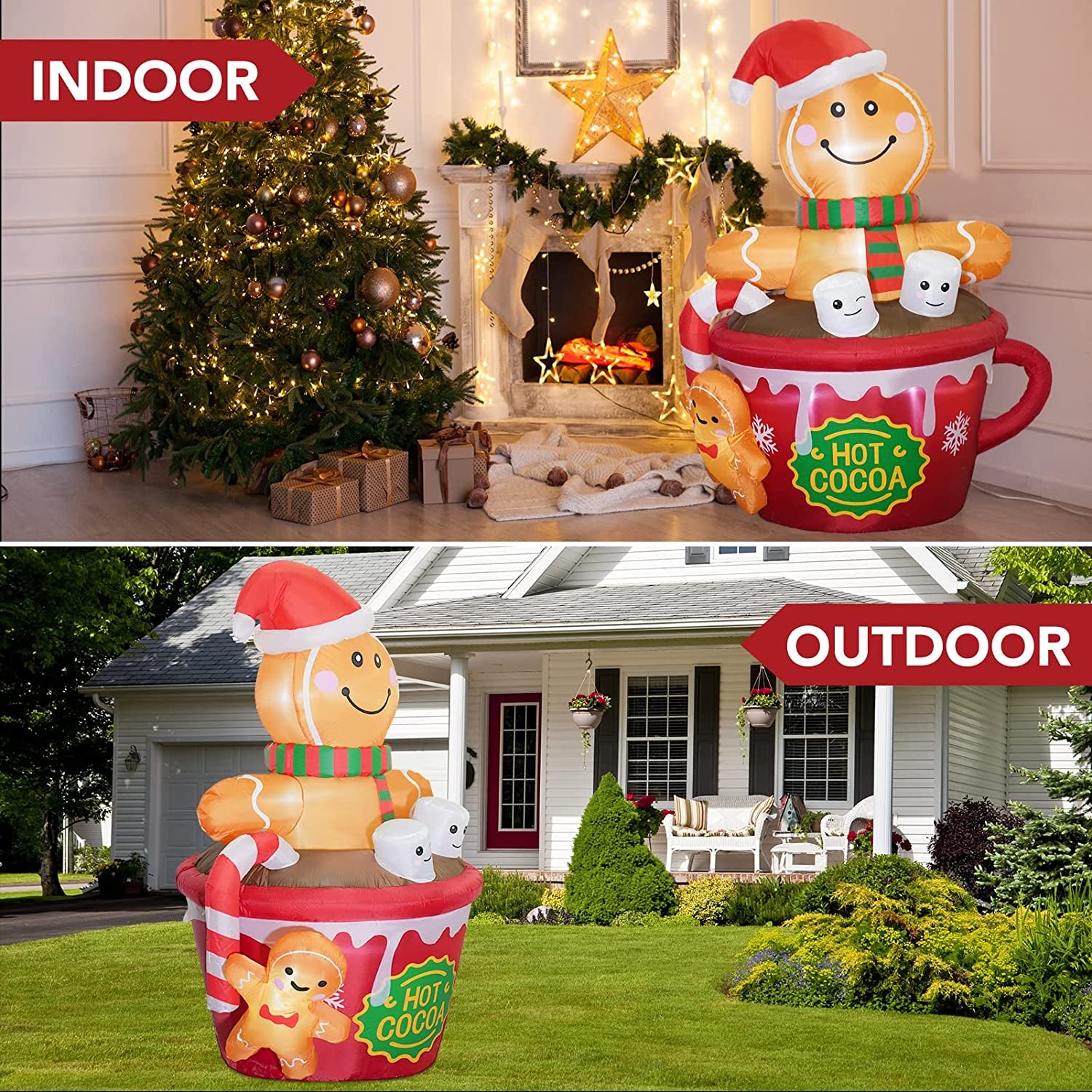 6 FT Christmas Inflatables Outdoor Decorations, Cute Christmas Blow up Yard Decorations Gingerbread Man in Hot Cocoa Mug Scene for Garden Lawn Xmas Decor