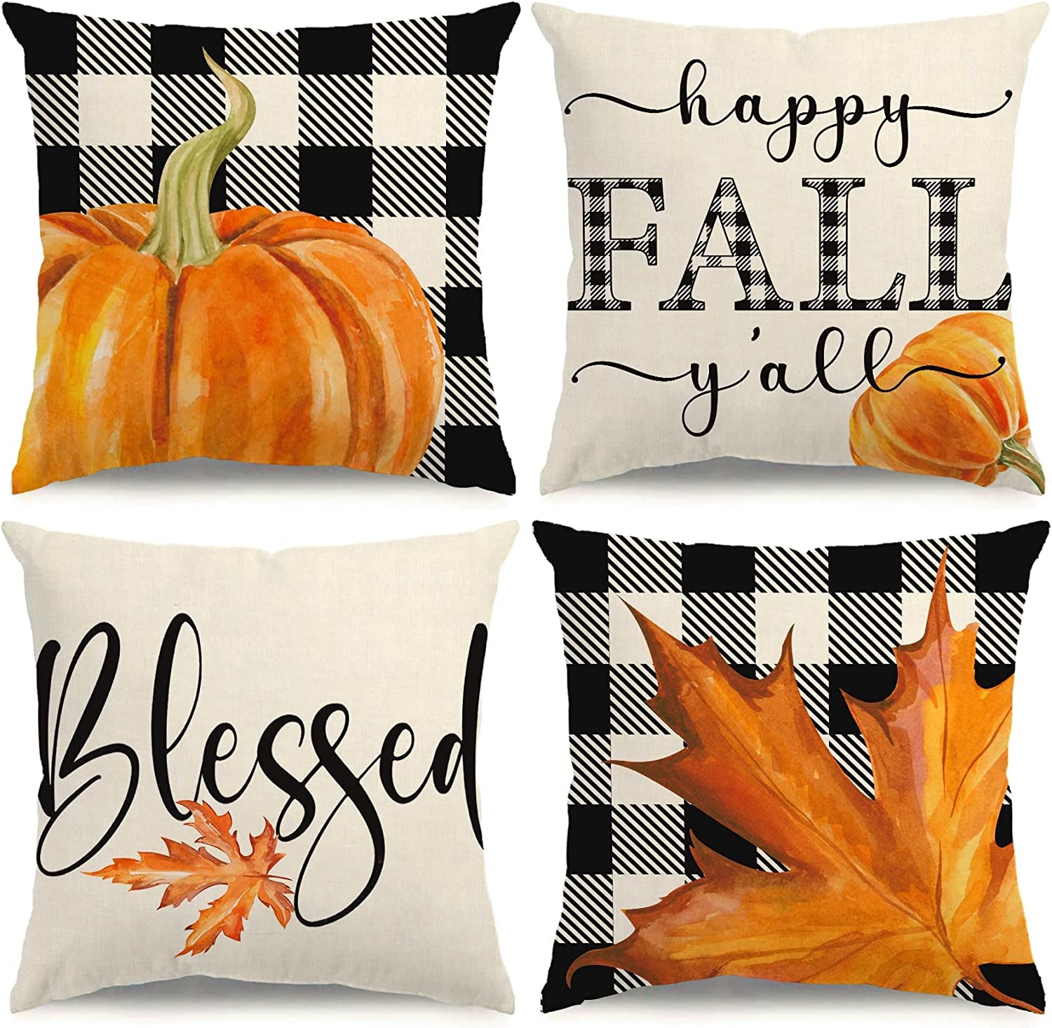 Fall Pillow Covers 18×18 Set of 4 Fall Decorations Autumn Pillow Covers Buffalo Plaid Pumpkin Pillow Covers Holiday Rustic Linen Fall Pillow Case for Sofa Couch