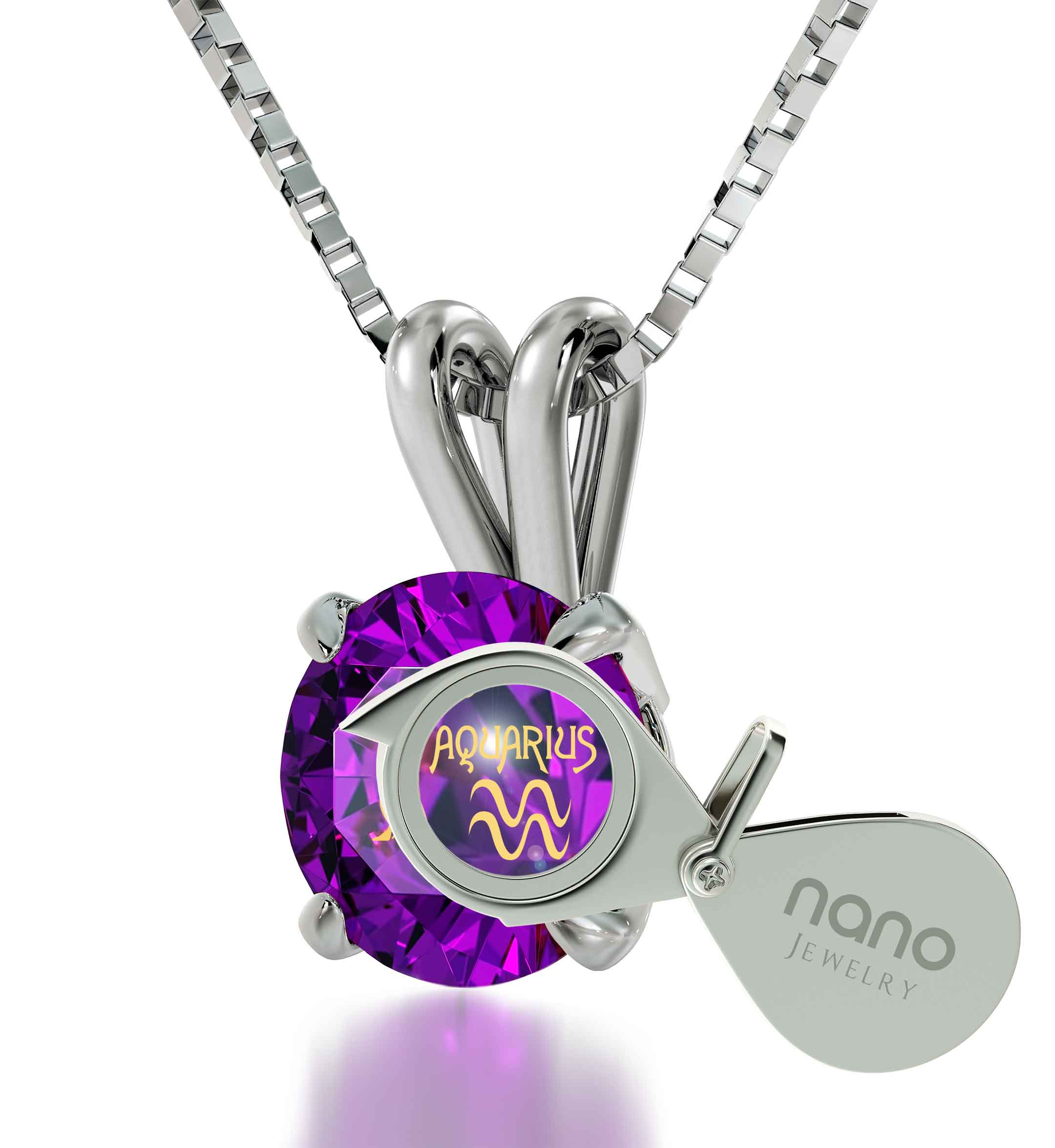 925 Sterling Silver Aquarius Necklace Zodiac Pendant 24k Gold Inscribed on Crystal ring with a large purple gem featuring an engraved Aquarius pendant in a geometric design.