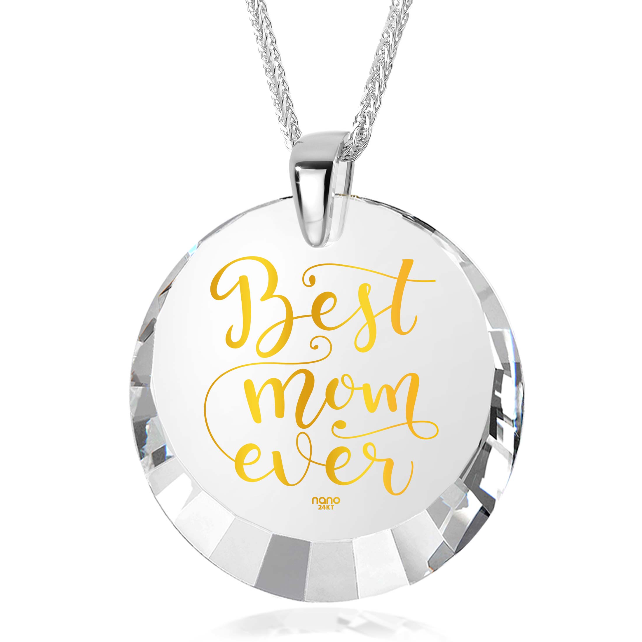 Round pendant with the inscription "best mom ever" in gold script, set in a 925 sterling silver frame with a loop for a chain. 

Best Mom Silver Necklace 24k Gold Inscribed - Mother's Day Jewelry Gift