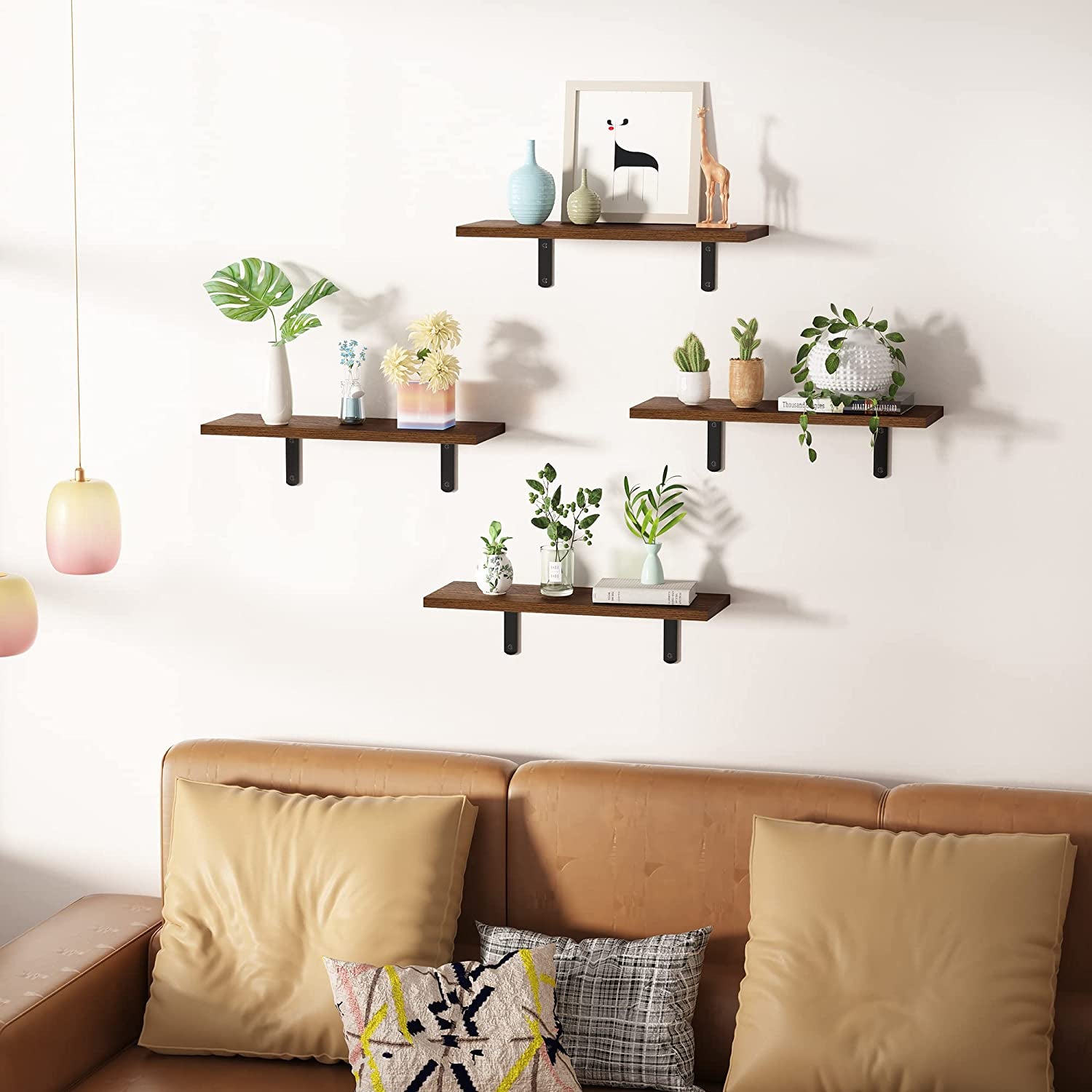 Floating Shelves for Wall Decor Storage, Dark Brown Wall Mounted Shelves Set of 5, Sturdy Small Wood Shelves Hanging for Bedroom, Living Room, Bathroom, Kitchen, Corner, Book