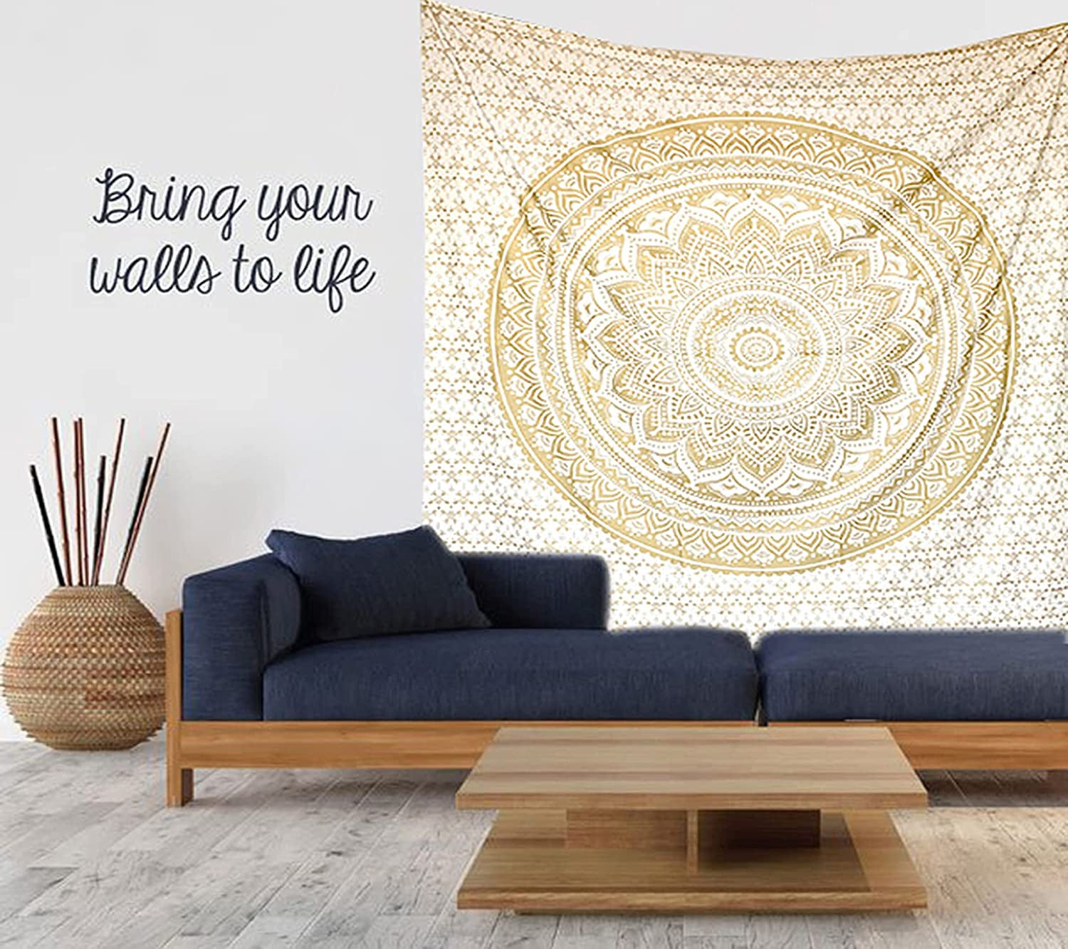 Top Selling Original Gold Mandala Ombre Tapestry Wall Hanging, Boho Bohemian Hippie Tapestries/Indian Cotton Dorm Decor Golden Twin Bedspread/Meditation Yoga Mat Rug 52X60 Inches