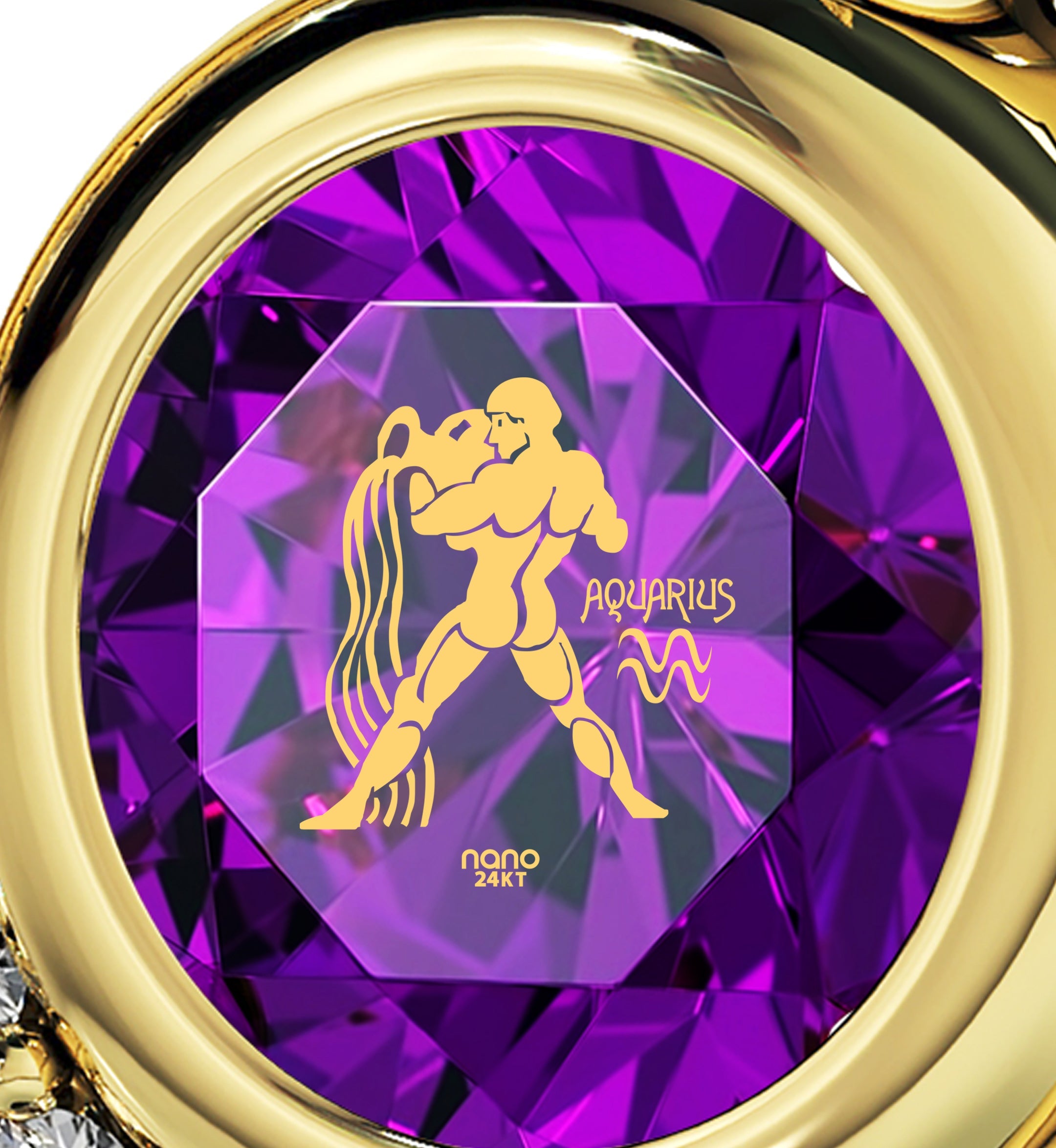 A decorative Gold Plated Silver Zodiac Heart Pendant Aquarius Necklace with a golden depiction of the water bearer, centered on a purple, Swarovski crystal background, encased in a gold frame.