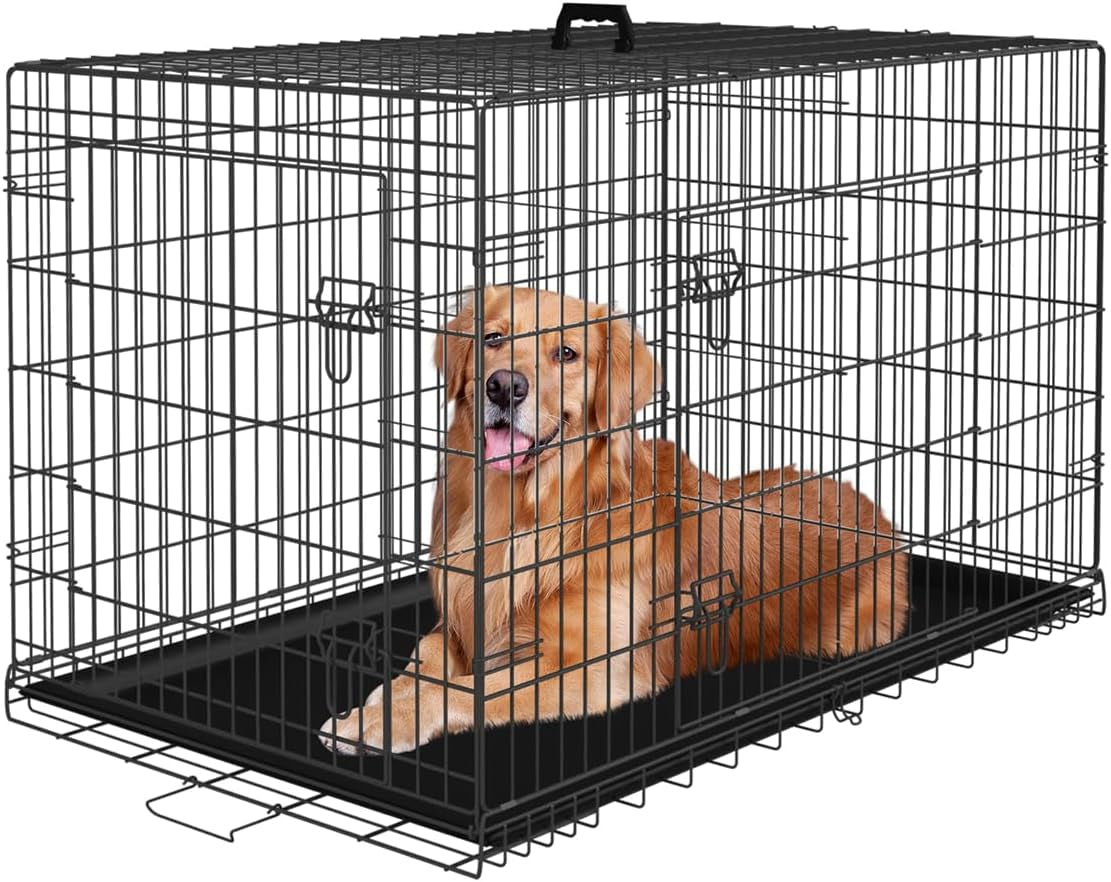 Large Dog Crate Kennel for Medium Large Dogs Metal Dog Cage Double-Door Folding Travel Indoor Outdoor Puppy Playpen with Divider and Handle Plastic Tray (42 Inch, Black)