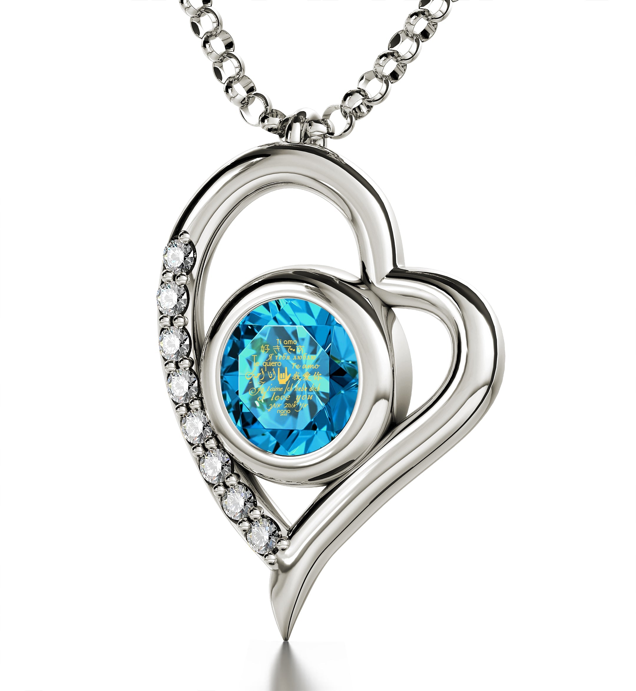 Close-up view of a 925 Sterling Silver I Love You Heart Pendant Necklace featuring a deep blue gemstone engraved with "i love you" in multiple languages, set in a polished silver band—perfect as an anniversary gift for her.