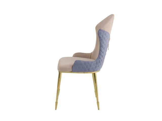 A Side Chair (Set-2), Tan, Lavender Fabric & Gold with gold legs.