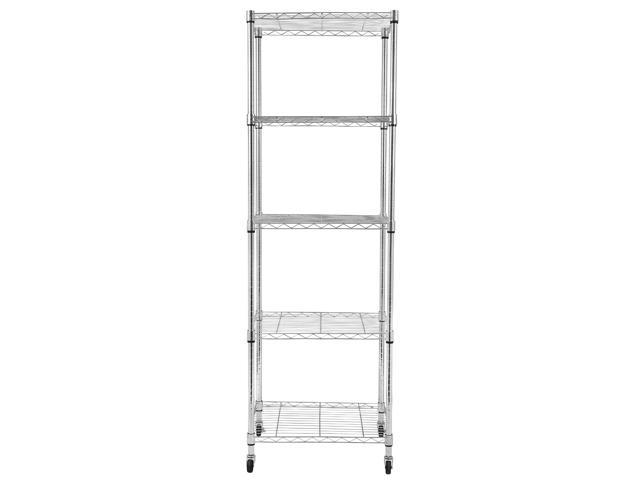 A 5-Tier Wire Shelving with Wheels for Garage Kitchen (60 x 45 x 180)cm wire shelving unit with four shelves.