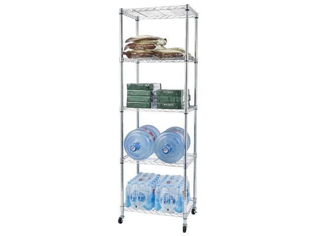 A 5-Tier Wire Shelving with Wheels for Garage Kitchen (60 x 45 x 180)cm wire shelving unit with four shelves.