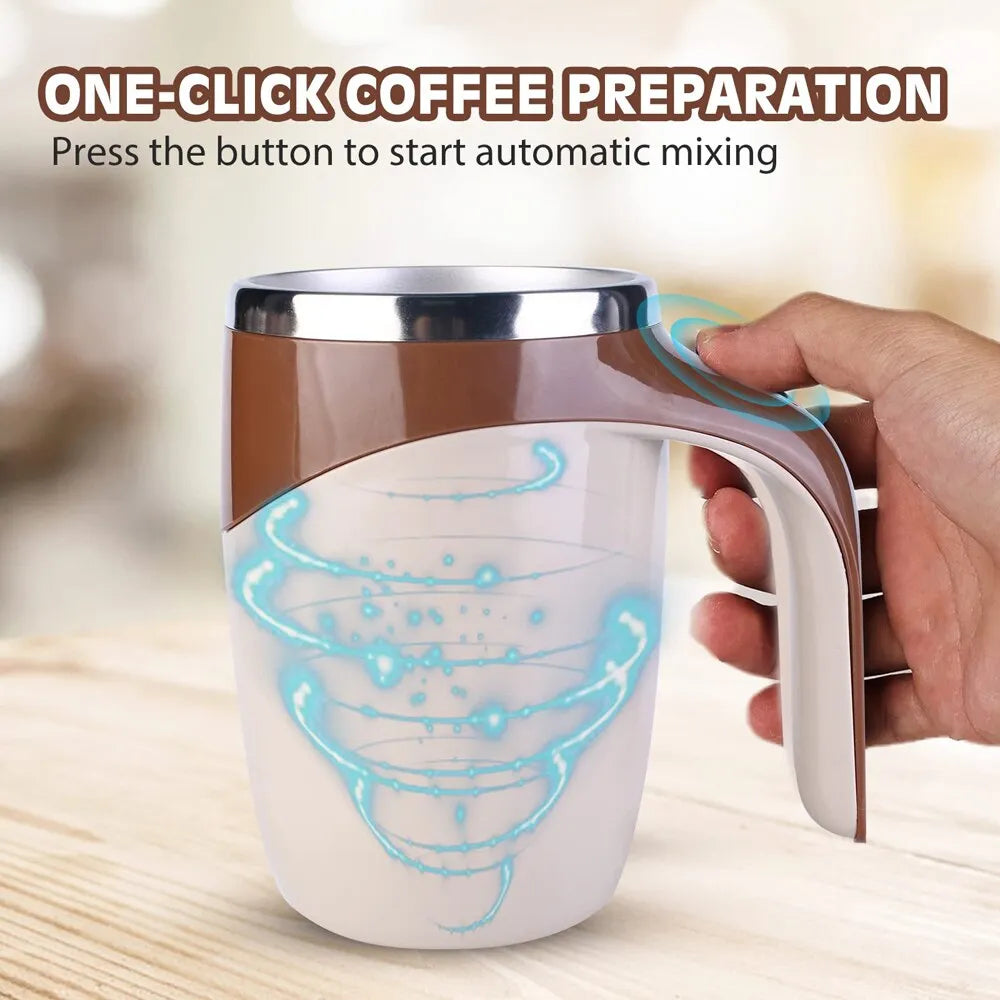 A Twist 'n Sip: The Rechargeable Stirring Mug with steam coming out of it.