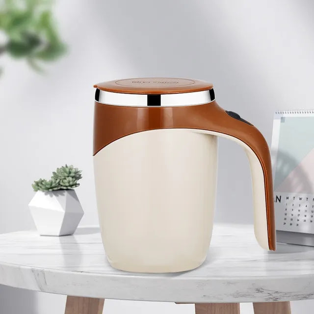 A Twist 'n Sip: The Rechargeable Stirring Mug with steam coming out of it.