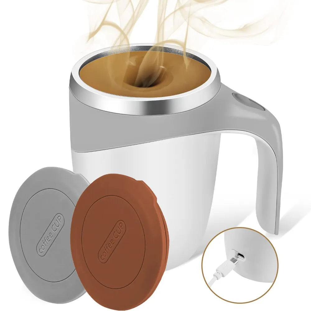 A Twist 'n Sip: The Rechargeable Stirring Mug with steam coming out of it.