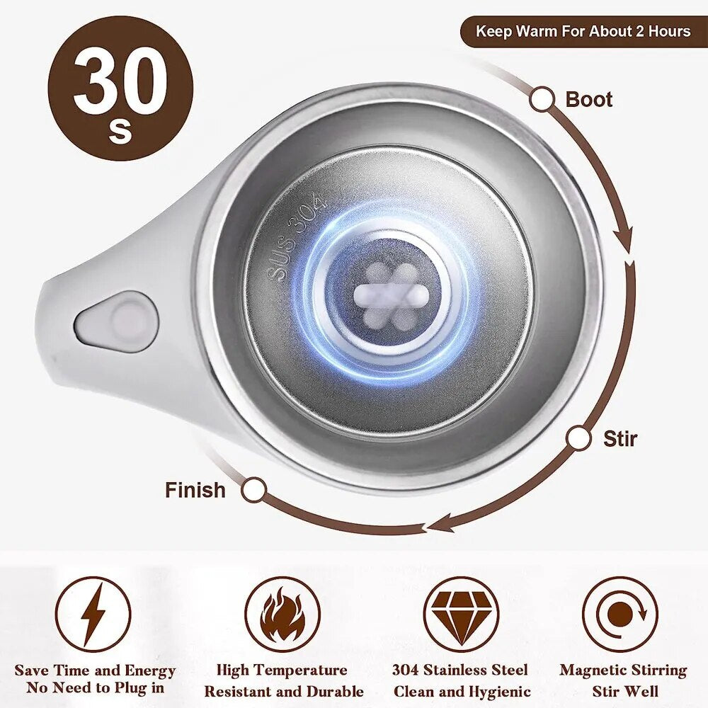A Twist 'n Sip: The Rechargeable Stirring Mug with steam coming out of it.