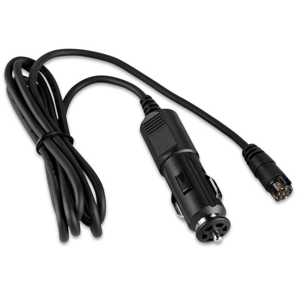 A black Garmin 12V Adapter f-Cigarette Lighter with a black cord.