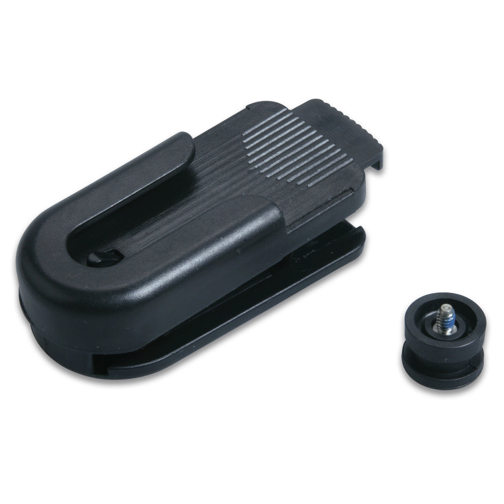 A Garmin Belt Clip f-Astro®, eTrex® Series, Geko Series, GPSMAP® Series, Rino® Series & GHP™ 10 black plastic holder for a camera.