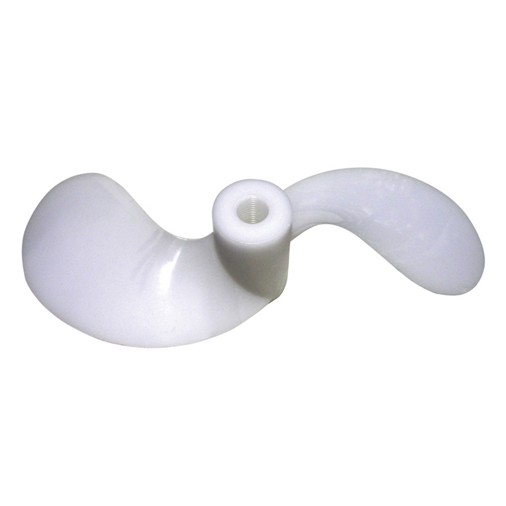 A Taylor Made Replacement Prop - 1-2 & 3-4 HP Oil Free white plastic propeller on a white surface.