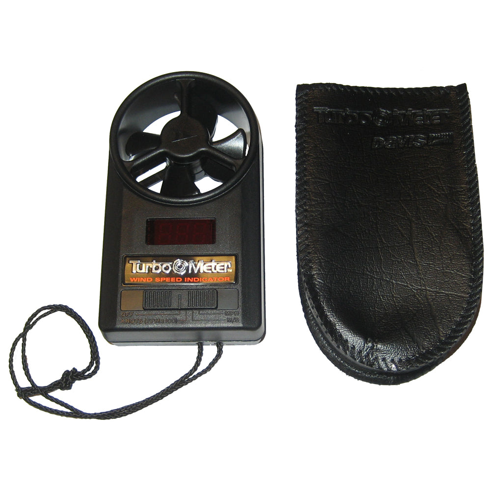 A black Davis Turbo Meter Electronic Wind Speed Indicator case with a fan and a pouch.
