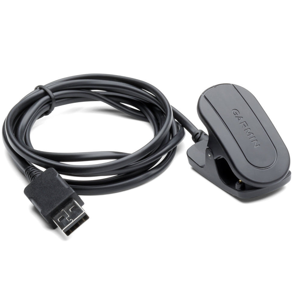 A black Garmin Charging Clip f-Forerunner® 405, 405CX, 410, 310XT & 910XT connected to a device.