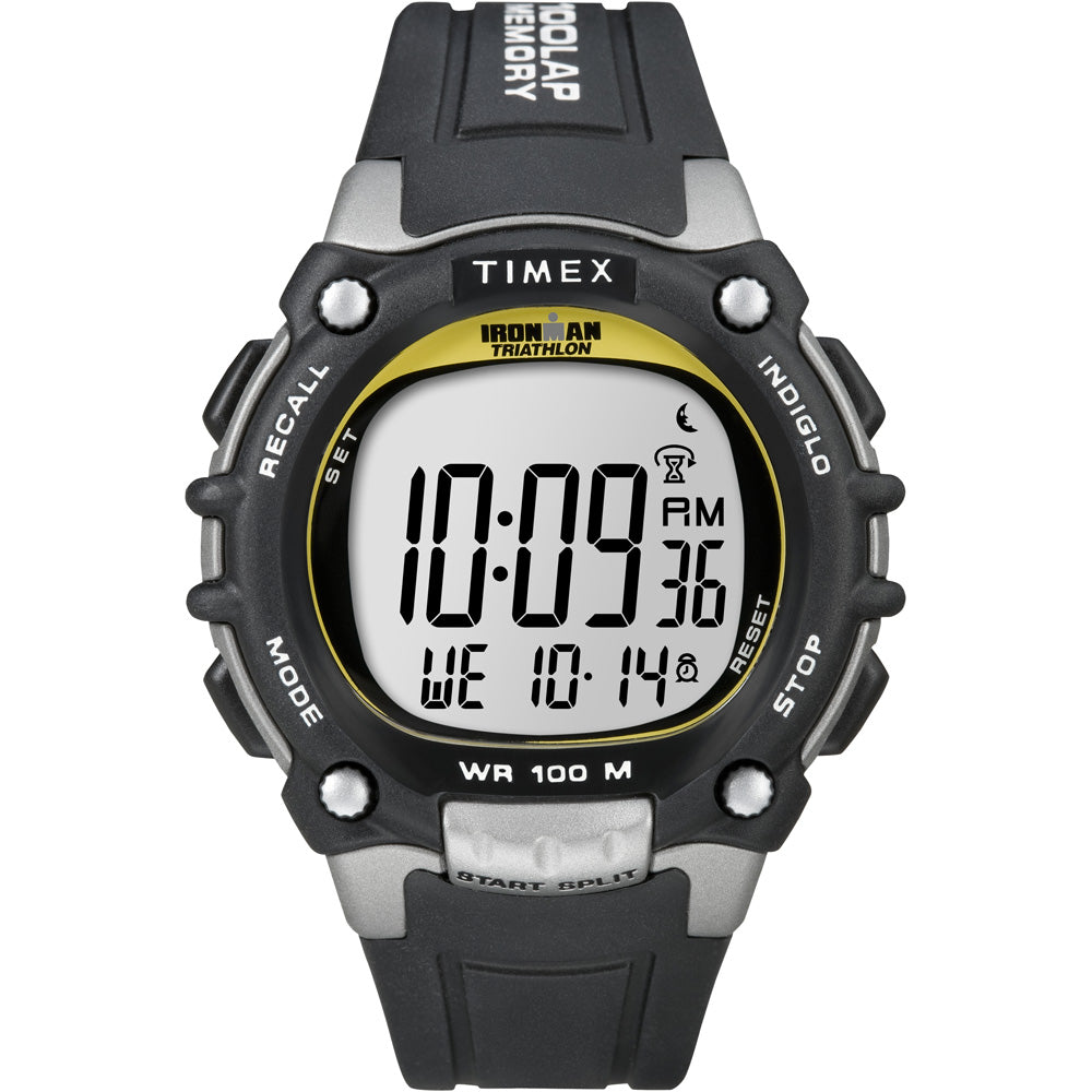 A Timex Ironman Traditional 100-Lap - Black-Silver-Yellow Watch with a yellow and black face.