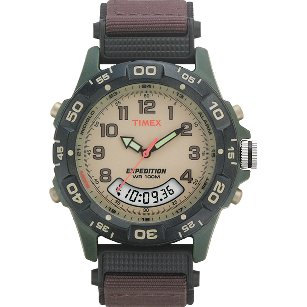 A Timex Expedition Resin Combo Classic Analog Green-Black-Brown men's watch with a brown strap.