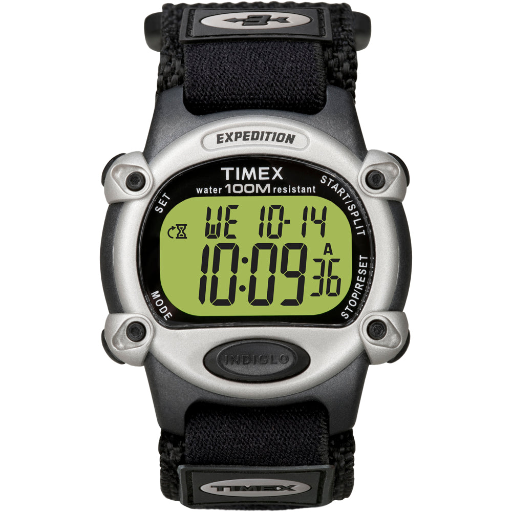 A Timex Expedition Mens Chrono Alarm Timer Silver-Black with a black band on a white background.
