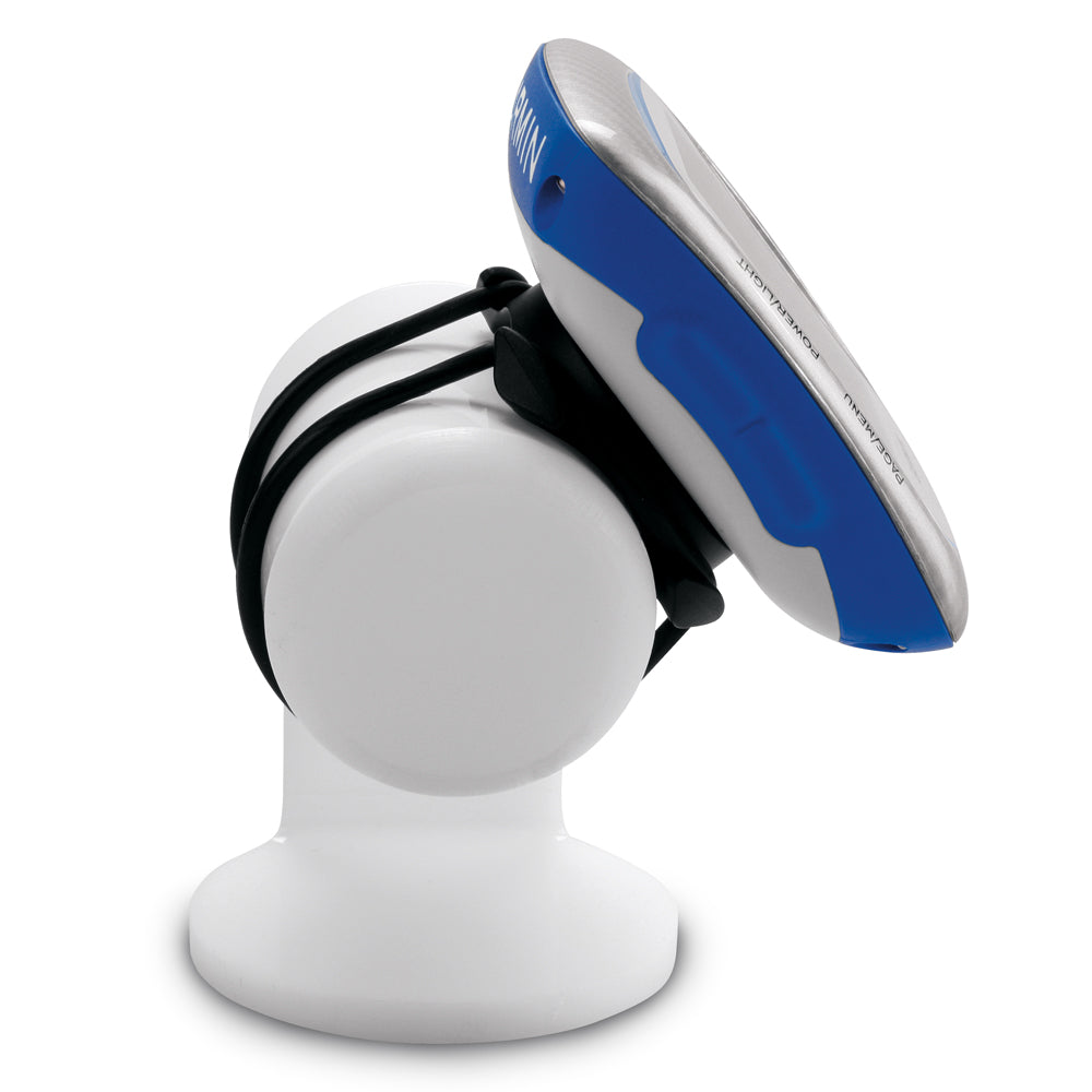 A blue and white Garmin Quarter-Turn Bike Mount f-Edge® holder on a white stand.