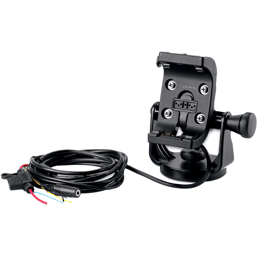 A black Garmin Marine Mount with a Power Cable & Screen Protectors attached to it.