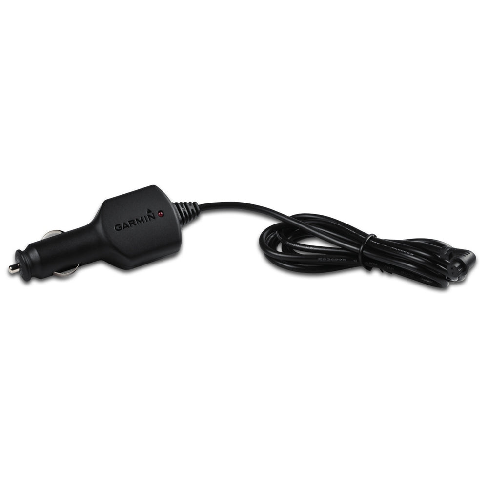 A black Garmin car charger with a cord attached to it.
